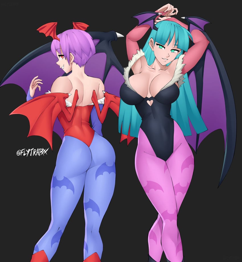 2demons 2girls armpits arms_above_head ass big_breasts black_background breasts cleavage clothed clothing darkstalkers female female_only flat_chest flat_chested flytrapxx green_hair large_breasts lilith_aensland long_hair looking_at_viewer mint_eyes morrigan_aensland only_female pixie_cut pixie_cut_female pose purple_hair red_eyes seductive seductive_smile short_hair short_hair_female simple_background sisters smile straight_hair succubi succubus succubus_wings tagme teal_hair v wings