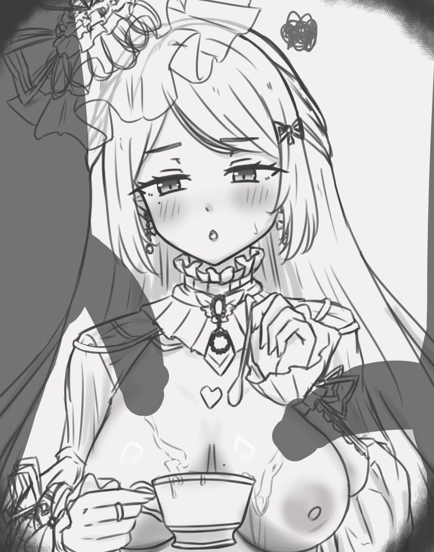 1girls 2boys black_and_white blush breasts breasts_out cum cum_drip elegant elegant_dress female himemiya_rie kannanii looking_at_penis lust lustful_gaze monochrome phase_alias phase_connect princess teacup virtual_youtuber vtuber vtuberfanart