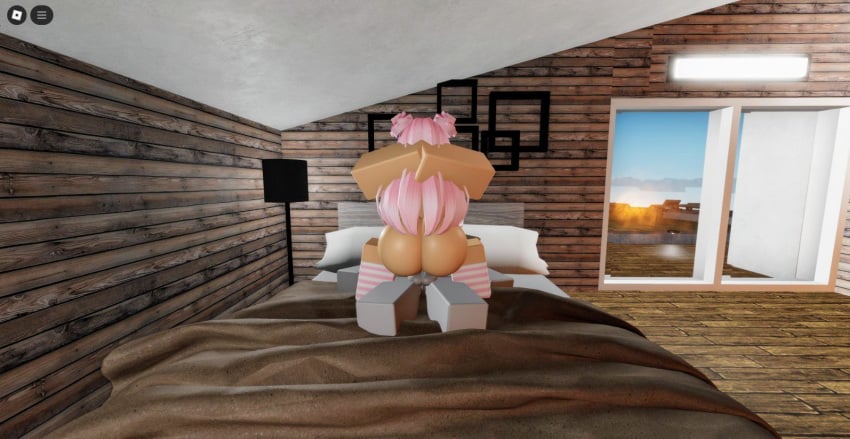 3d balls bed big_ass cowgirl cowgirl_position dummy_(roblox) naked_female naked_male pillows pink_hair pink_thighhighs roblox roblox_condo roblox_game roblox_studio robloxian