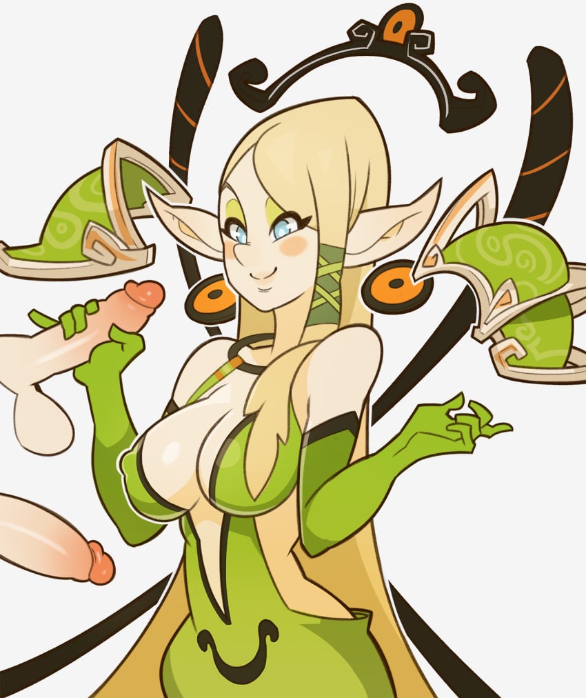 ankama bare_shoulders blonde_hair blue_eyes blush_stickers breasts cleavage covered_nipples cra cra_goddess disembodied_penis dofus dress elbow_gloves eyeshadow facial female gloves goddess green_dress handjob highres krosmaga long_hair makeup male multiple_penises penis pinky_out pointy_ears simple_background smile splashbrush straight testicles wakfu white_background