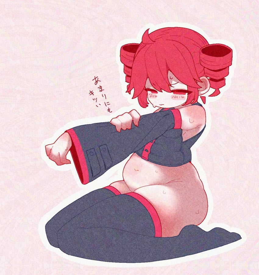 1girls ass banananosongen belly belly_button blush bottomless chubby female hip_dips hips kasane_teto no_panties solo_female sweat synthesizer_v thick_thighs thighhighs thighs utau