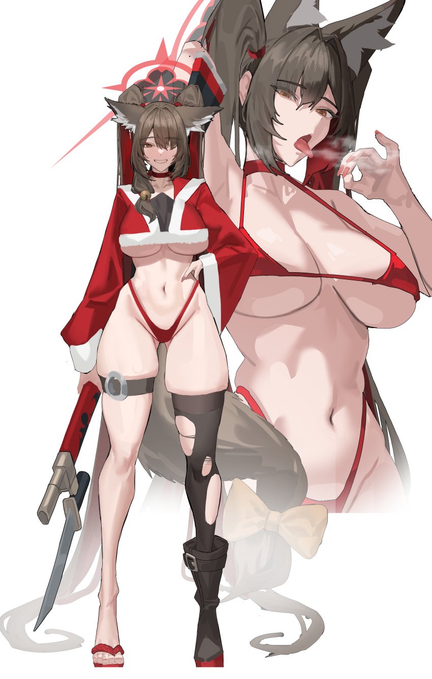 absurdres alternate_costume animal_ears arisaka asymmetrical_legwear bikini black_hair black_thighhighs blue_archive bolt_action breasts capelet christmas commentary_request fellatio_gesture female fox_ears fox_girl gun highres korean_commentary large_breasts looking_at_viewer mismatched_legwear navel odol_(drk100) red_bikini red_capelet rifle simple_background single_thighhigh standing swimsuit thighhighs torn_clothes torn_thighhighs underboob wakamo_(blue_archive) weapon white_background