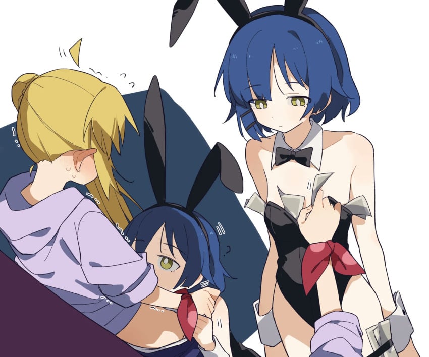 2d blonde_female blonde_hair blue_hair blush bocchi_the_rock! bunnysuit cunnilingus emotionless hoodie ijichi_nijika money oral oral_sex pants_down ryothepapu yamada_ryou yellow_hair yuri