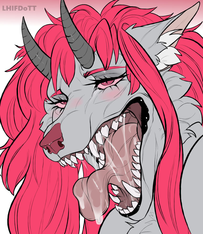 absurd_res anthro blush canid canine canis claws daria_braus_(nick_stalker1) digital_drawing_(artwork) digital_media_(artwork) dragon female hair hi_res horn hybrid lerkodtt mammal mouth_shot mythological_creature mythological_scalie mythology open_mouth pink_hair scalie shy slime solo tongue tongue_out wolf zs410