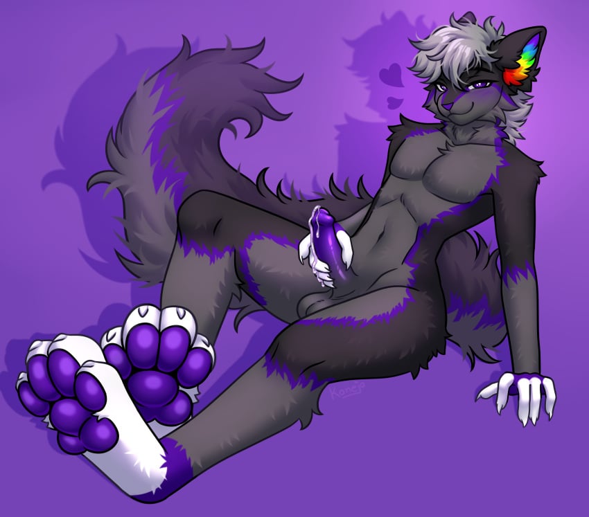 absurd_res anthro balls bedroom_eyes big_feet blush bodily_fluids canid canine canis colored_cum cum feet fluffy fluffy_tail foot_focus fruit_(fruit-wolf) genital_fluids genitals grey_body heart_symbol hi_res humanoid_genitalia konejo leaking_precum leaning leaning_backward looking_at_viewer male mammal narrowed_eyes pawpads penis penis_grab precum purple_blush purple_cum purple_eyes purple_pawpads purple_penis seductive simple_background solo tail unusual_bodily_fluids unusual_cum unusual_genital_fluids wolf