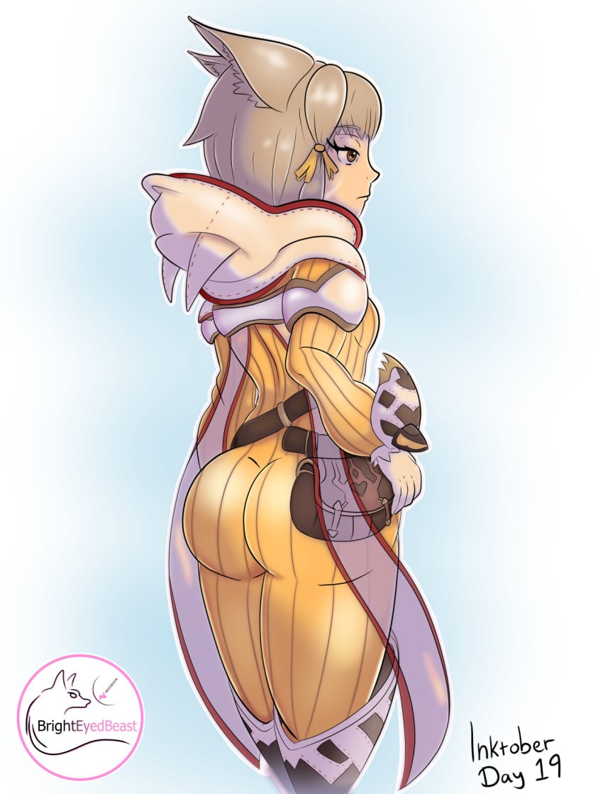 1girls 2d_(artwork) brighteyedbeast bubble_butt cat_ears catgirl clothed_female facing_away female_only inktober nia_(xenoblade) presenting_ass xenoblade_(series) xenoblade_chronicles_2