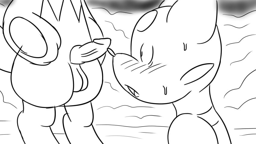 16:9 anthro duo female generation_4_pokemon generation_5_pokemon genitals hi_res humanoid male male/female mienfoo monochrome nintendo penis pokemon pokemon_(species) riolu usury40 widescreen