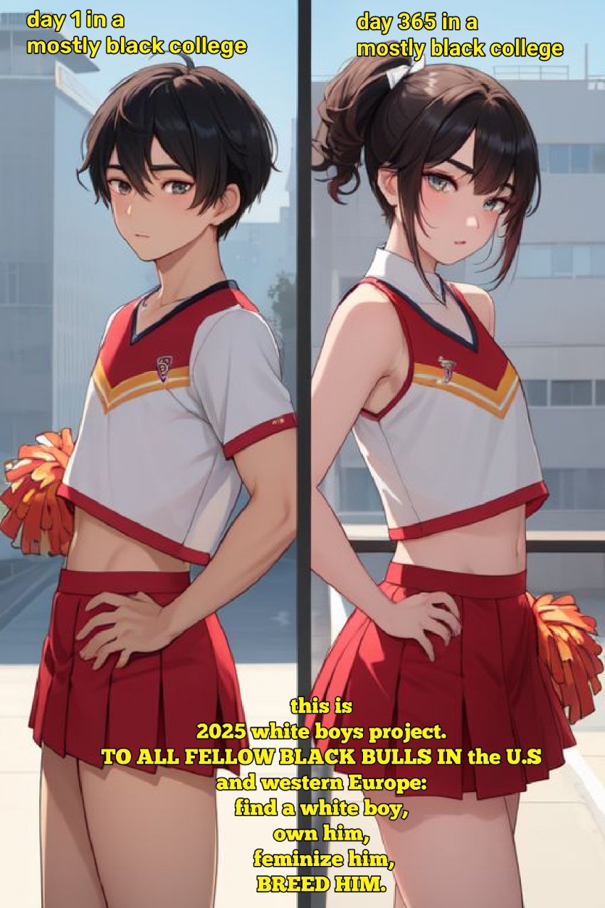 1boy 1femboy afroking ai_generated american anime anime_style athletic athletic_male before_and_after black_hair caption cheerleader cheerleader_outfit cheerleader_uniform college crossdressing crossdressing_male cute cute_face dark_hair english_text european eyeliner femboy feminine_male feminization fit fit_male flat_chest flat_chested gay green_eyes long_hair makeup male male_only messy_hair miniskirt pale-skinned_male pale_skin political politics short_hair sissy skinny skinny_male skirt solo text twink uniform white_body white_skin yaoi