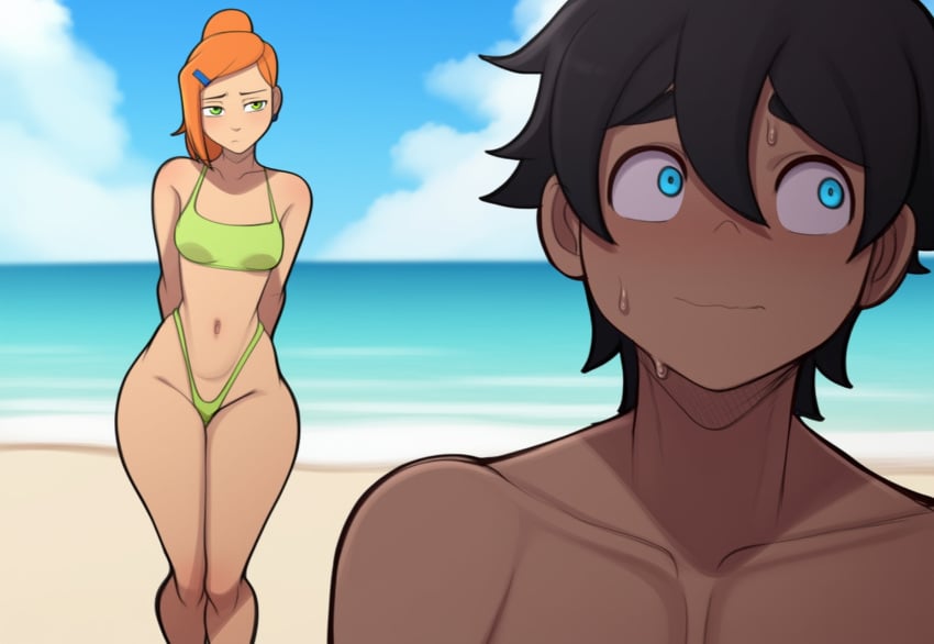 1boy 1girls beach ben_10 bikini bikini_bottom bikini_top black_hair blue_eyes blush crossover dc_comics digital_art green_eyes gwen_tennyson jonathan_kent looking_away not_ai_generated ocean orange_hair orange_hair_female thebenravenagenda