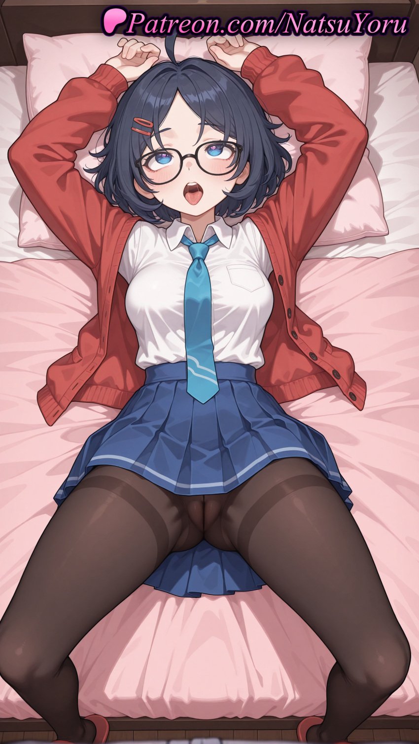 1girls ahe_gao ahoge ai_generated anime anime_style arms_up ass_visible_through_thighs bangs bed bedroom black-framed_eyewear black_hair black_legwear black_pantyhose blouse blue_eyes blue_hair blue_necktie blue_skirt blush breasts bust busty cameltoe cardigan clothing collared_shirt female female_focus female_only glasses hair_clips hair_ornament hairclip heart heart-shaped_pupils hentai hi_res high_quality high_resolution highres indoors jacket large_breasts legs legwear long_sleeves looking_at_viewer looking_up lying medium_breasts megane mila_(miside) miniskirt miside mita_(miside) natsuyoru necktie no_panties on_back on_bed open_cardigan open_clothes open_jacket open_mouth pantyhose parted_bangs pillow pleated_skirt red_cardigan red_jacket school_uniform shirt short_hair skirt slippers solo solo_female spread_legs symbol-shaped_pupils teeth thighband_pantyhose tie tongue tongue_out upper_teeth_only voluptuous voluptuous_female white_shirt