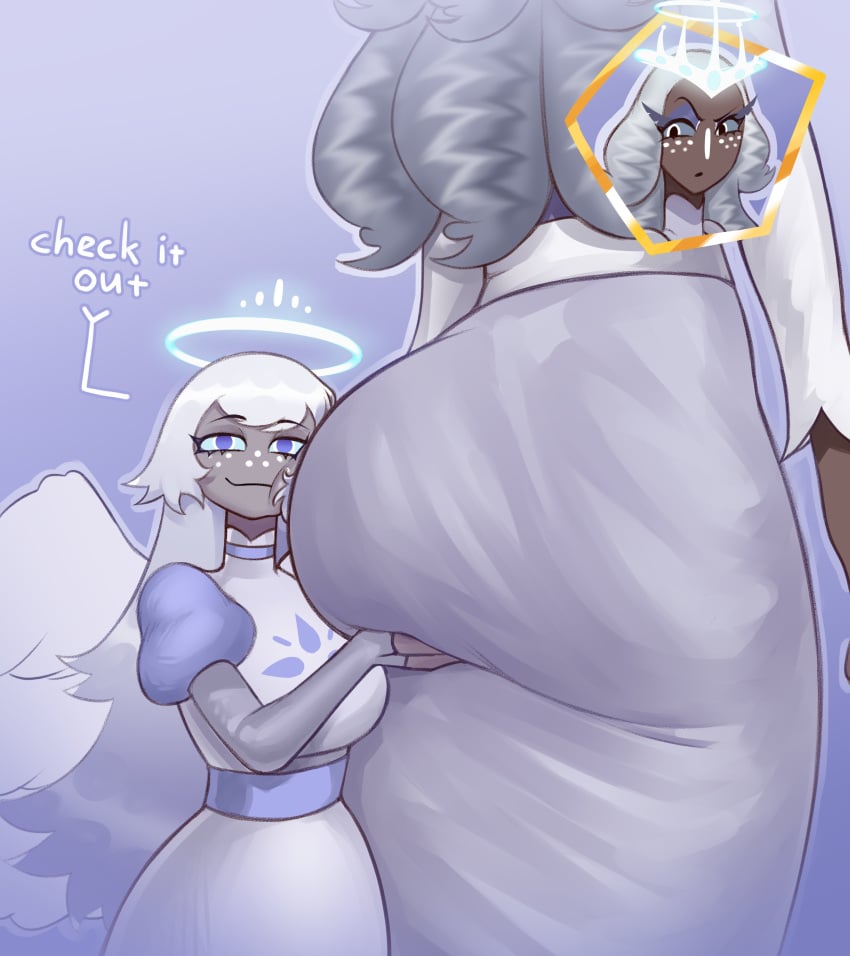 2angels 2girls absurdres angel angel_girl angel_girls angel_wings angels ass bergoq blue_eyes blue_sclera colored_sclera colored_skin dark-skinned_female dark_skin dress emily_(hazbin_hotel) female girlfriend_booty_(meme) grey_hair grey_sclera grey_skin hazbin_hotel highres huge_ass long_hair meme multiple_girls sera_(hazbin_hotel) simple_background wings