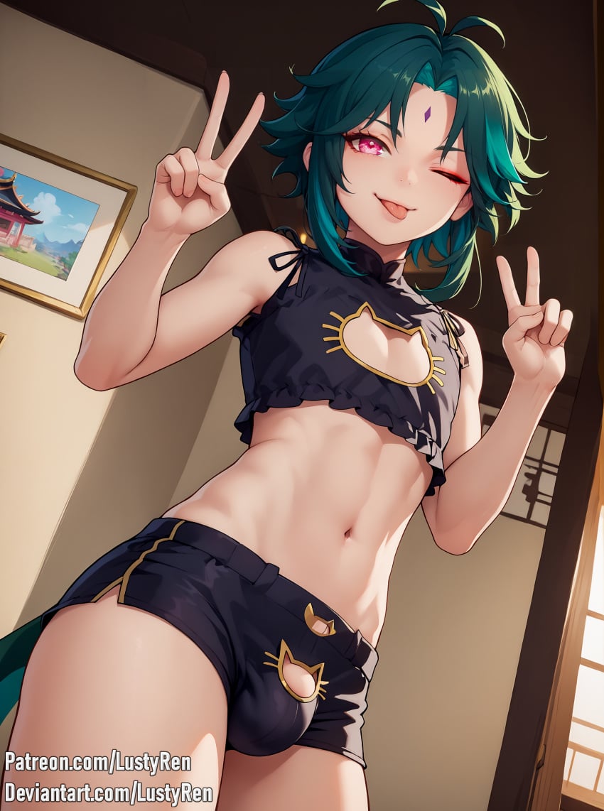 1boy ai_generated bulge cat_cutout crop_top femboy femboy_only feminine_male gay genshin_impact girly girly_boy green_hair lustyren male_focus midriff peace_sign pink_eyes short_shorts solo_male tongue_out trap twink xiao_(genshin_impact) yaoi