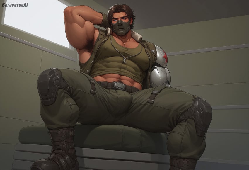 1boy abs ai_generated bara baraverse bulge gay hairy_armpits hairy_male lust lustful_gaze male male_focus male_only marvel marvel_rivals mask mature_male military_uniform muscular nipples pubes solo solo_male tank_top winter_soldier winter_soldier_(marvel_rivals)