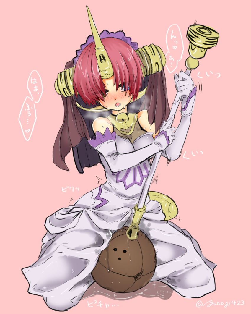 bare_shoulders blush breasts dress elbow_gloves fate/apocrypha fate/grand_order fate_(series) female frankenstein_(fate) gloves horns mace masturbation monochrome open_mouth pink_background veil weapon white_dress