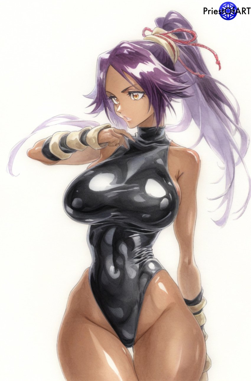 1girls ai_generated big_breasts bleach brown_skin color female female_focus female_only fit fit_female large_breasts ponytail priestofart purple_hair shihouin_yoruichi simple_background solo solo_female solo_focus tagme tagme_(artist) tagme_(character) thick_thighs thin_waist white_background wide_hips yellow_eyes