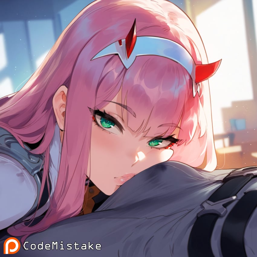 1boy 1boy1girl 1girls ai_generated blurry_background blush cheek_bulge closed_mouth codemistake darling_in_the_franxx face_in_crotch faceless_male female green_eyes looking_at_viewer lying out_of_frame patreon patreon_logo patreon_reward patreon_url pink_hair zero_two_(darling_in_the_franxx)