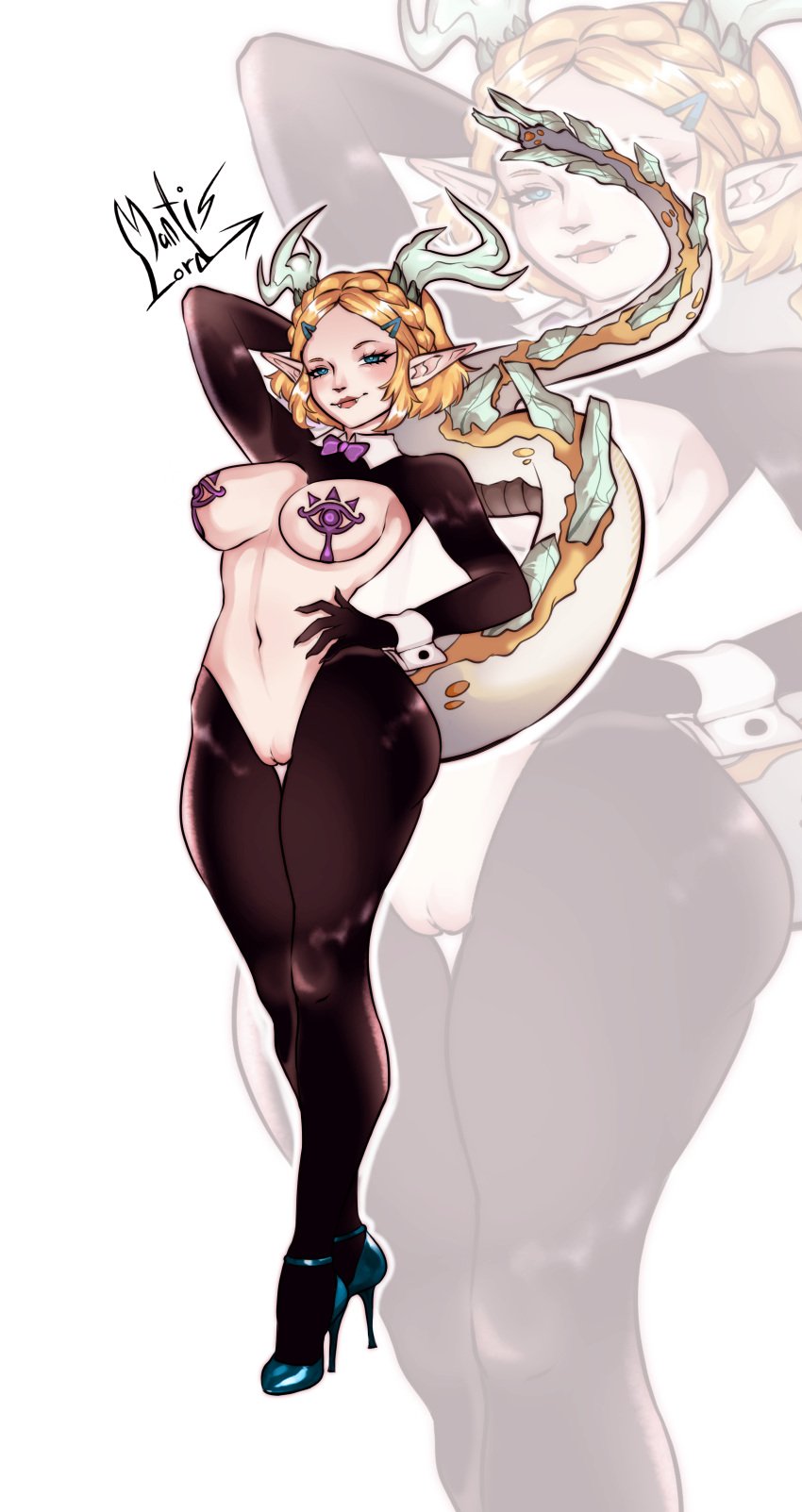 1girls blonde_female blonde_hair blonde_hair_top bunny bunny_costume bunnysuit dragon dragon_girl dragon_horns dragon_tail dragon_zelda female high_heels horn horns mantislord midriff nipple_outline pinup princess_zelda pussy reverse_bunnysuit short_hair smirking tail the_legend_of_zelda vagina zelda_(tears_of_the_kingdom)