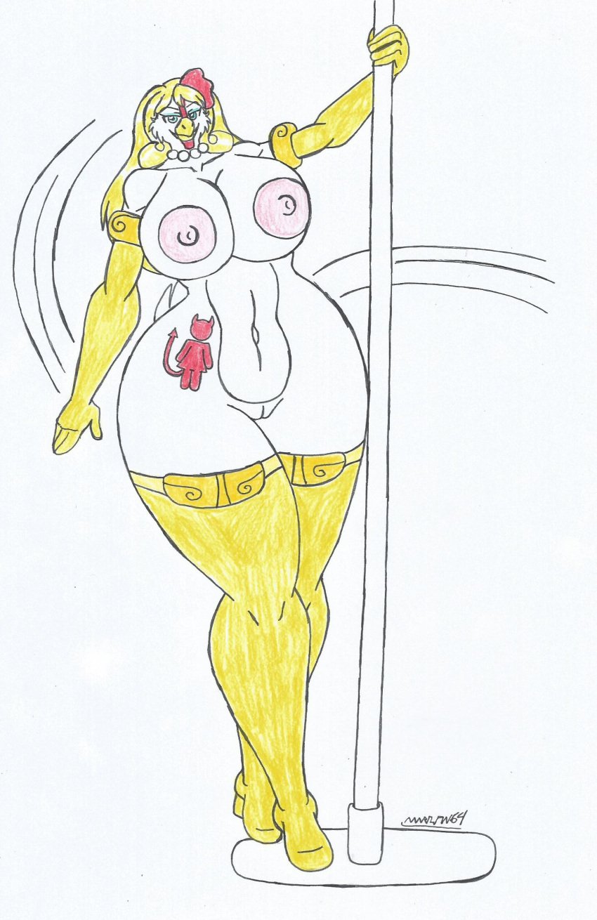 anthro avian_humanoid blonde_hair_female blue_eyes chicken_girl eyeshadow furry gigi_the_chicken_(waifuland) high_heel_boots huge_breasts long_boots long_gloves marlon64 naked_boots naked_female naked_gloves naked_necklace pearl_necklace pole_dancing solo_female tattoo_on_thigh traditional_drawing_(artwork) waifuland white_background white_feathers wide_hips