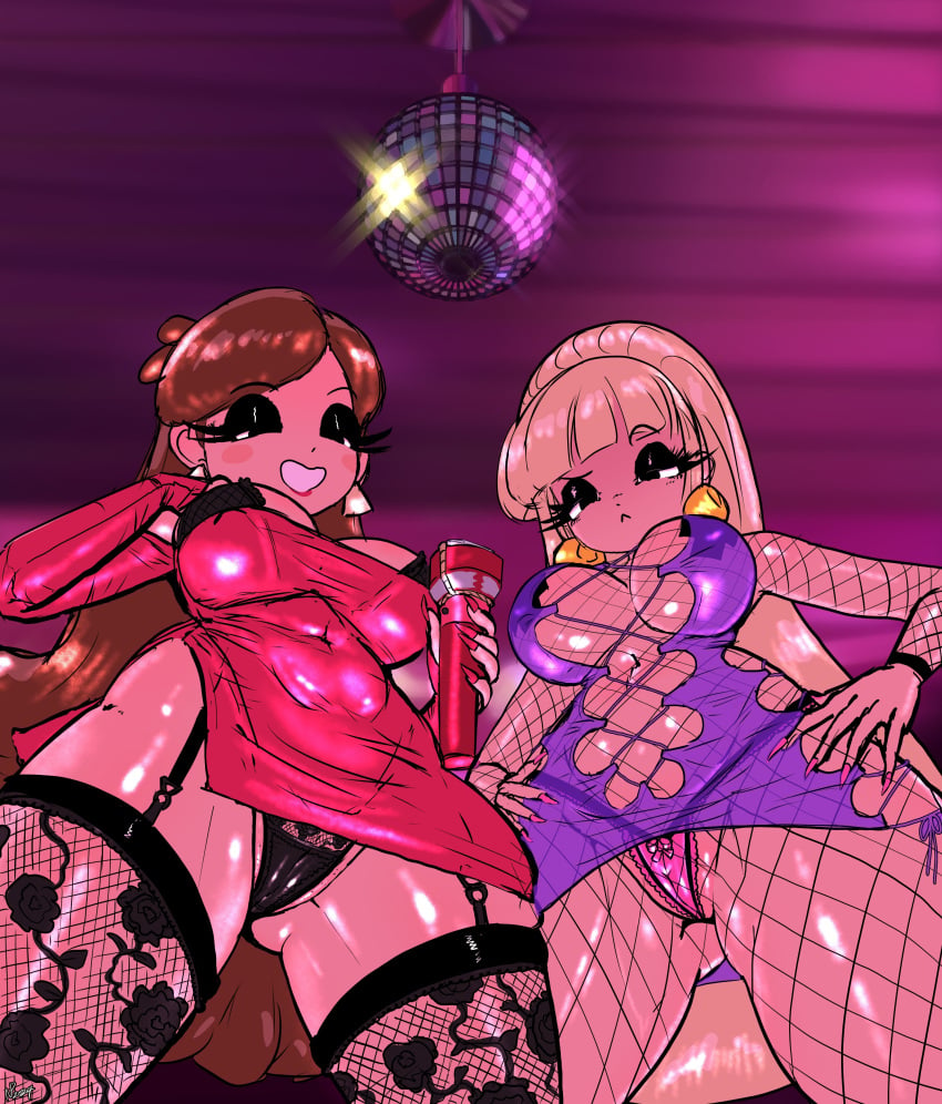 2girls aged_up big_breasts blonde_hair blue_eyes blush bra braces breasts brown_hair cleavage disney disney_channel female female_only fishnets flashlight garter_belt garter_straps gausscannon gravity_falls hime_cut large_breasts lingerie long_hair looking_at_viewer mabel_pines nipples nipples_visible_through_clothing pacifica_northwest shiny_skin smooth_skin stockings straight_hair