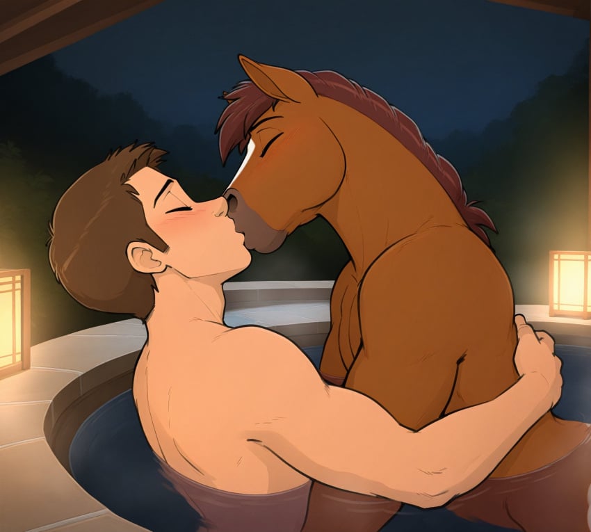 2boys ai_generated anthro bara big_dom_small_sub big_muscles big_pecs blush brown_fur brown_hair brown_mane dominant dominant_anthro dominant_male epicfox equine gay holding_partner horse hot_tub hug human human_on_anthro humansub hunk interspecies kissing larger_anthro larger_male male male/male male_only muscular muscular_anthro muscular_male nude pecs penis romantic_couple size_difference smaller_human smaller_male submissive submissive_human submissive_male water yaoi younger_human younger_male