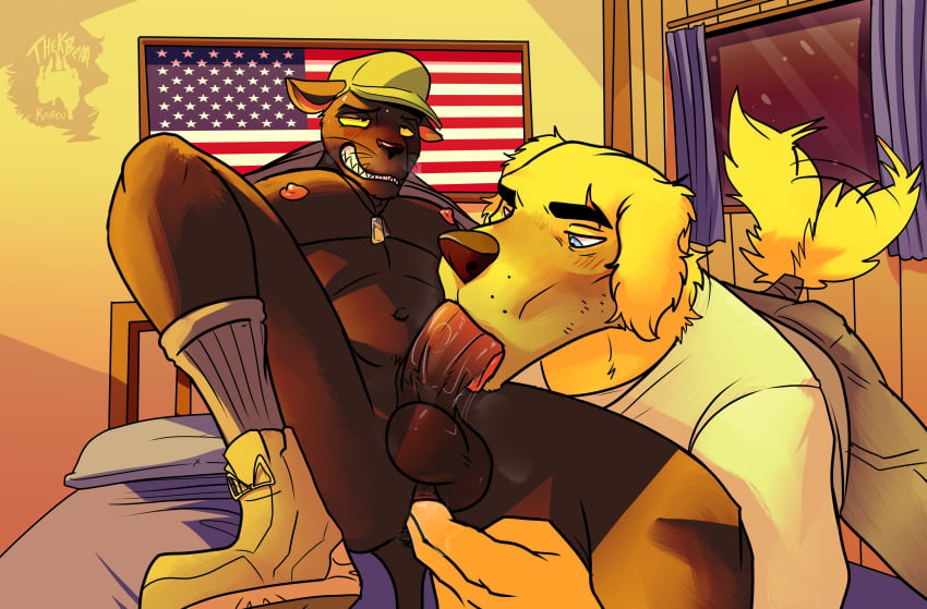 absurd_res african american american_flag anal anal_fingering anthro balls bedroom_background bedroom_sex bird_dog black_body black_male blowjob_face blue_eyes blush canid canine canis clothing dog_tags domestic_cat domestic_dog duo felid feline felis fellatio fellatio_while_penetrated fingering furry furry_male furry_only genitals golden_retriever hat headgear headwear hi_res hunting_dog interracial looking_pleasured male male/male male_anthro mammal military musk musk_clouds nipples oral penile retriever sergeant sex soldier soldier_uniform thekinkybear united_states_of_america warrior white_male yellow_body yellow_eyes