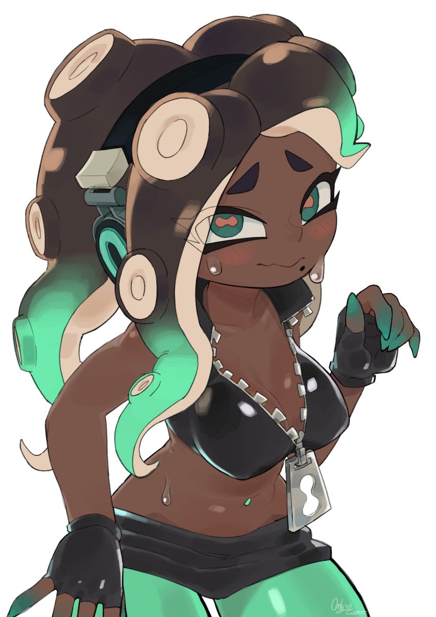 beauty_mark black_hair cleavage dark-skinned_female fingerless_gloves green_eyes green_highlights headphones marina_(splatoon) octoling orlycuster pie_orly splatoon splatoon_(series) splatoon_2 sweat zipper zipper_pull_tab