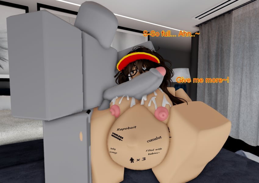 1boy 1boy1girl 1girls 3d bedroom begging_for_more big_ass big_breasts brown_hair fast_food_uniform glasses male_on_female mcdonald's pregnant roblox roblox_avatar roblox_studio robloxian straight submissive_female text