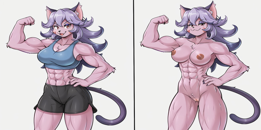 abs ai_generated animal_ear_fluff animal_ears biceps breasts cat_ears cat_girl cat_tail cleavage female flexing furry hand_on_hip large_breasts light_purple_hair long_hair looking_at_viewer muscle muscular_female opera_kranz oswald_pohyl purple_hair solatorobo tail thick_thighs