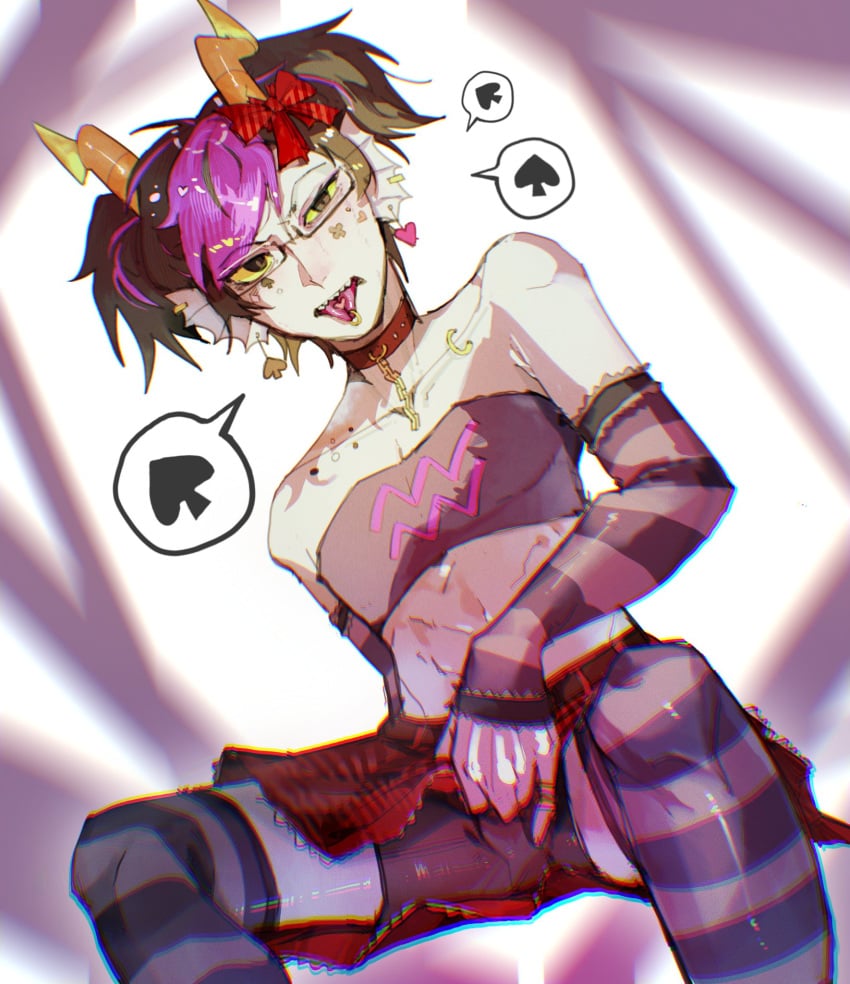 1boy alien alien_humanoid chocker crop_top crossdressing dyed_hair earrings fully_clothed grey_skin hair_accessory hate_masturbation homestuck horns jewelry male_focus male_only masturbation masturbation_through_clothing piercings pleated_skirt solo touching_self twintails