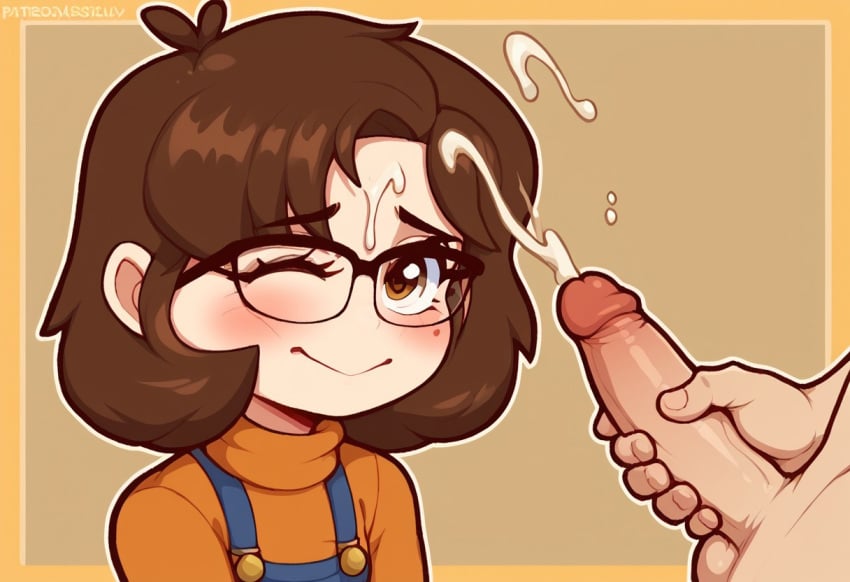 ai_generated bizabizow blush brown_hair civitai clothed cock cum cum_on_face cumshot jack-o_pose masturbation orange_background orange_sweater overalls sweater winking youtube youtuber youtuber_girl