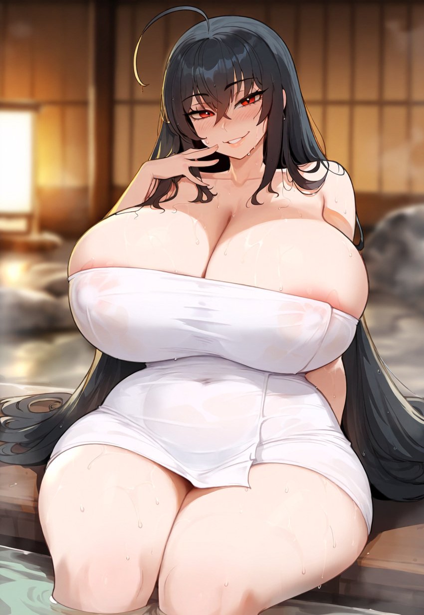 1girls ai_generated azur_lane big_breasts black_hair breasts female female_focus huge_breasts large_breasts long_hair looking_at_viewer onsen red_eyes taihou_(azur_lane) thick_thighs thighs