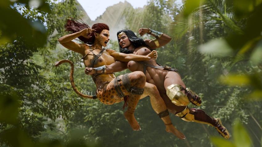 2girls 3d abs black_hair breasts cheetah_(dc) cheetah_(injustice) dc dc_comics diana_prince female fight fighting injustice_2 nipples quick_e red_hair torn_clothes wardrobe_malfunction wonder_woman wonder_woman_(injustice) wonder_woman_(series)