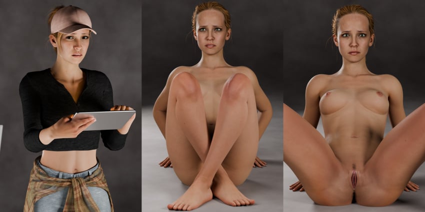 3d 3koma blonde_hair cap clothed/nude completely_nude_female crossed_legs embarrassed_nude_female enf eye_contact female female_only hat laura_kearney looking_at_viewer nipples on/off ponytail posing posing_for_the_viewer pubic_hair pussy reluctant sequence small_breasts spread_legs studio the_quarry vulva worried worried_expression