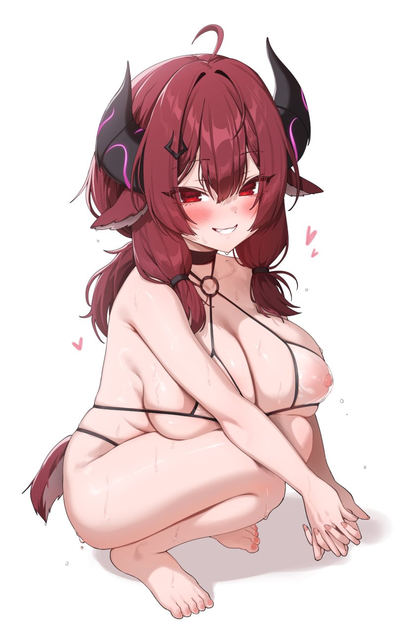 animal_ears bikini black_horns breasts female goat-chan_(enarane) goat_ears goat_girl hair_between_eyes highres horns huge_breasts looking_at_viewer medium_hair nipples original red_eyes red_hair smile solo swimsuit white_bikini yampa