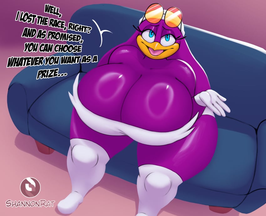 2024 2d 2d_(artwork) 2d_artwork anthro avian beak big_breasts big_thighs bird breasts couch dialog dialogue digital_art digital_drawing_(artwork) digital_media_(artwork) female furry furry_only glasses glasses_on_head huge_breasts leggings looking_at_viewer mobian_(species) purple_body purple_hair purple_skin sega shannon_rat sitting sitting_on_couch sonic_(series) sonic_riders sonic_the_hedgehog_(series) swallow_(bird) thick thick_thighs wave_the_swallow