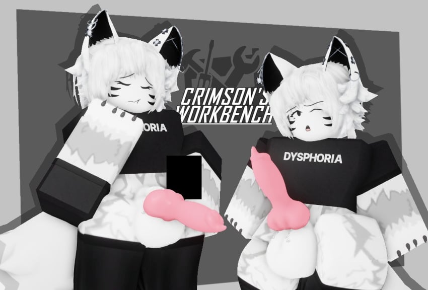 1boy 3d balls beastiality black_clothing black_shirt black_thighhighs censor_bar claws crimstuff crop_top erection femboy fox fox_boy fox_ears fox_tail furry knot knotted_penis looking_at_viewer male male_only no_pants one_eye_closed original_character penis roblox robloxian shirt short_hair simple_background solo standing text_on_clothing thick_thighs thighhighs thighs watermark white_fur white_hair zoophilia