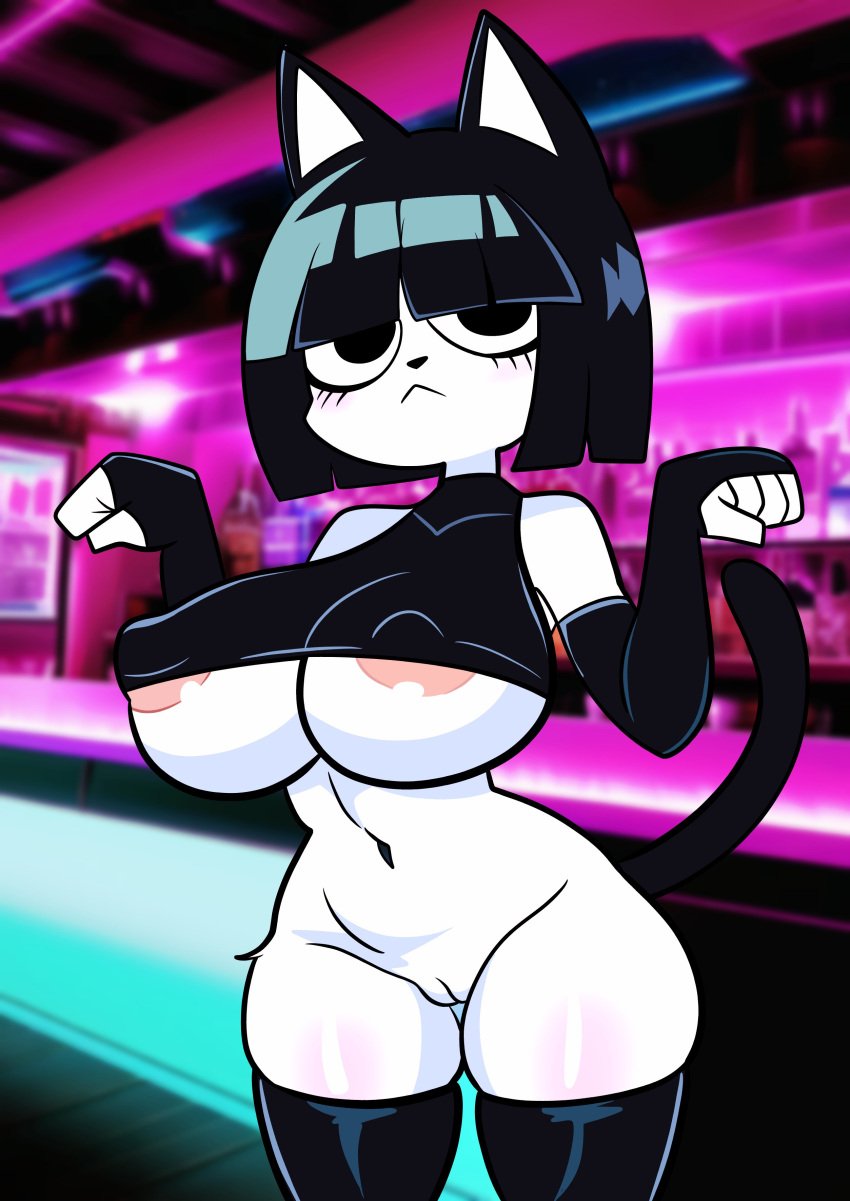 anthro_only black_boots black_eyes black_gloves black_hair black_tail cat_ears cat_tail catgirl eyelashes female female_focus female_only furry_funnychan goth_girl long_boots long_gloves nipple_bulge nipples_visible_through_clothing no_panties slim_waist white_fur