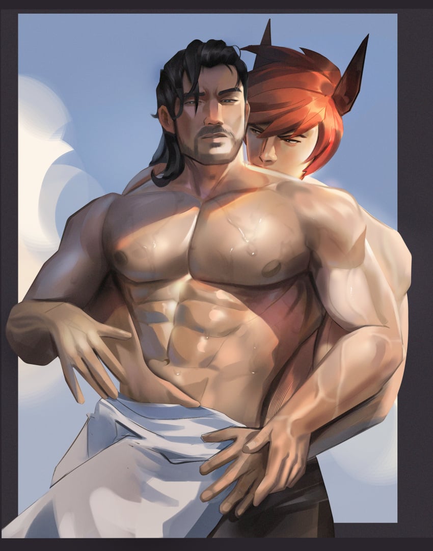 abs couple couple_(romantic) digital_media_(artwork) gay hand_on_abs league_of_legends male male/male male_focus muscular muscular_male pecs riot_games sett sociopotato1 sylas vastaya video_games