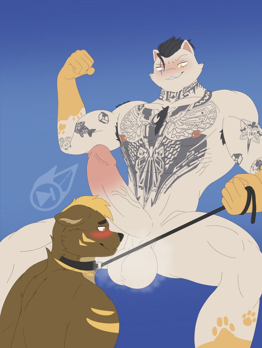 absurd_res anthro bear belly calico_cat collar domestic_cat duo epic_games felid feline felis fortnite genitals hi_res leash leash_pull male male/male mammal meowdas meowscles muscular muscular_male musk musk_clouds musky_penis penis sunset_(sunsetuwo) unknown_artist