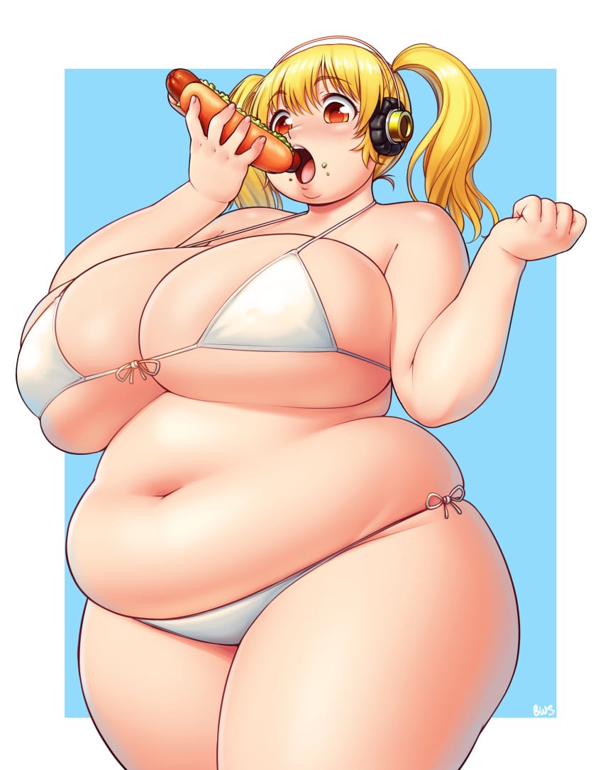 1girls 2022 bbw belly belly_button belly_overhang better_with_salt big_belly big_breasts bikini blonde_hair blush breasts chubby chubby_female eating fat fat_ass fat_female fat_girl fat_woman fatty female female_focus headphones hi_res hips huge_breasts large_breasts large_female nitroplus overweight overweight_female pig plump pork_chop side-tie_bikini solo solo_female solo_focus stomach super_pochaco swimsuit thick_thighs tubby twintails voluptuous wide_hips