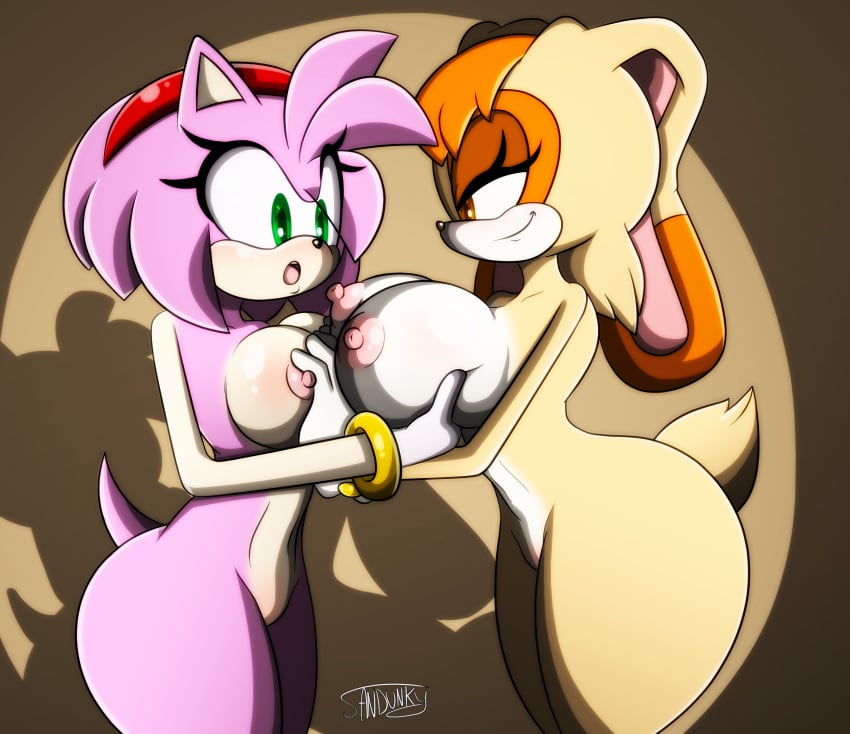 2016 amy_rose anthro anthrofied areola big_breasts big_eyes blush breast_fondling breasts brown_eyes duo erect_nipples female fondling green_eyes hair hand_on_breast hedgehog hi_res lagomorph mammal mature_female mother nipples nude orange_hair parent pink_body pink_hair rabbit sandunky smile sonic_(series) sonic_the_hedgehog_(series) toony vanilla_the_rabbit wide_hips yuri