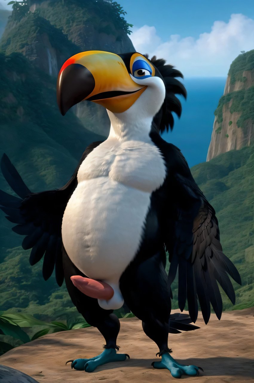 ai_generated anthro avian balls beak bird blue_sky_studios chubby epstar14 feathers jungle jungle_background male male_only penis rafael_(rio) rio_(film) rio_(series) smiling solo talons toucan winged_arms