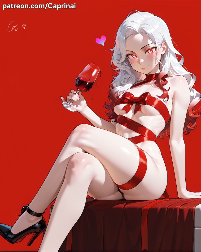 1girls ai_generated caprinai crossed_legs eyeliner glowing_eyes heart high_heels highres long_hair naked_ribbon original original_character red_background red_eyes red_hair ribbon simple_background sitting skindentation small_breasts stomach thigh_strap thighs two_tone_hair wavy_hair white_hair white_skin wine wine_glass