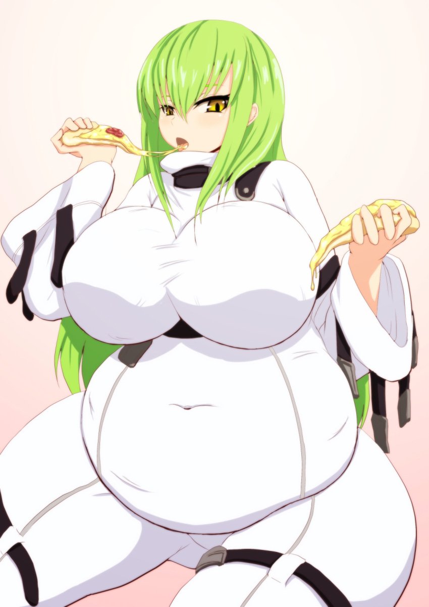 bbw belly_overhang big_belly big_female blush c.c. chubby chubby_female code_geass eating eating_pizza embarrassed fat fat_ass fat_female fat_fetish fat_girl fat_woman fatty green_hair large_female obese obese_female overweight overweight_female pig pizza plump pork_chop slob thick_thighs tubby weight_gain