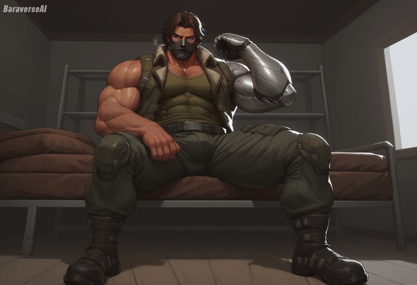 1boy abs ai_generated bara baraverse bulge gay hairy_armpits hairy_male lust lustful_gaze male male_focus male_only marvel marvel_rivals mask mature_male military_uniform muscular nipples pubes solo solo_male tank_top winter_soldier winter_soldier_(marvel_rivals)