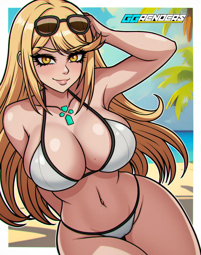 1girls beach bikini blonde_hair breasts cleavage clouds core_crystal ggrenders large_breasts long_hair looking_at_viewer midriff mole mole_on_breast mole_on_stomach mythra navel nintendo ocean palm_tree sky sunglasses sunglasses_on_head swimsuit water white_bikini white_swimsuit xenoblade_(series) xenoblade_chronicles_2 yellow_eyes