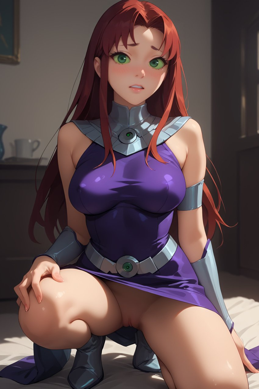 1girls ai_generated blush_lines blushing_at_viewer cunningstuntda dc dc_comics female_only green_eyes_female kneeling kneeling_female kneeling_on_bed long_hair_female looking_at_viewer no_panties pussy red_hair_female solo_female starfire teen_titans upskirt worried_expression