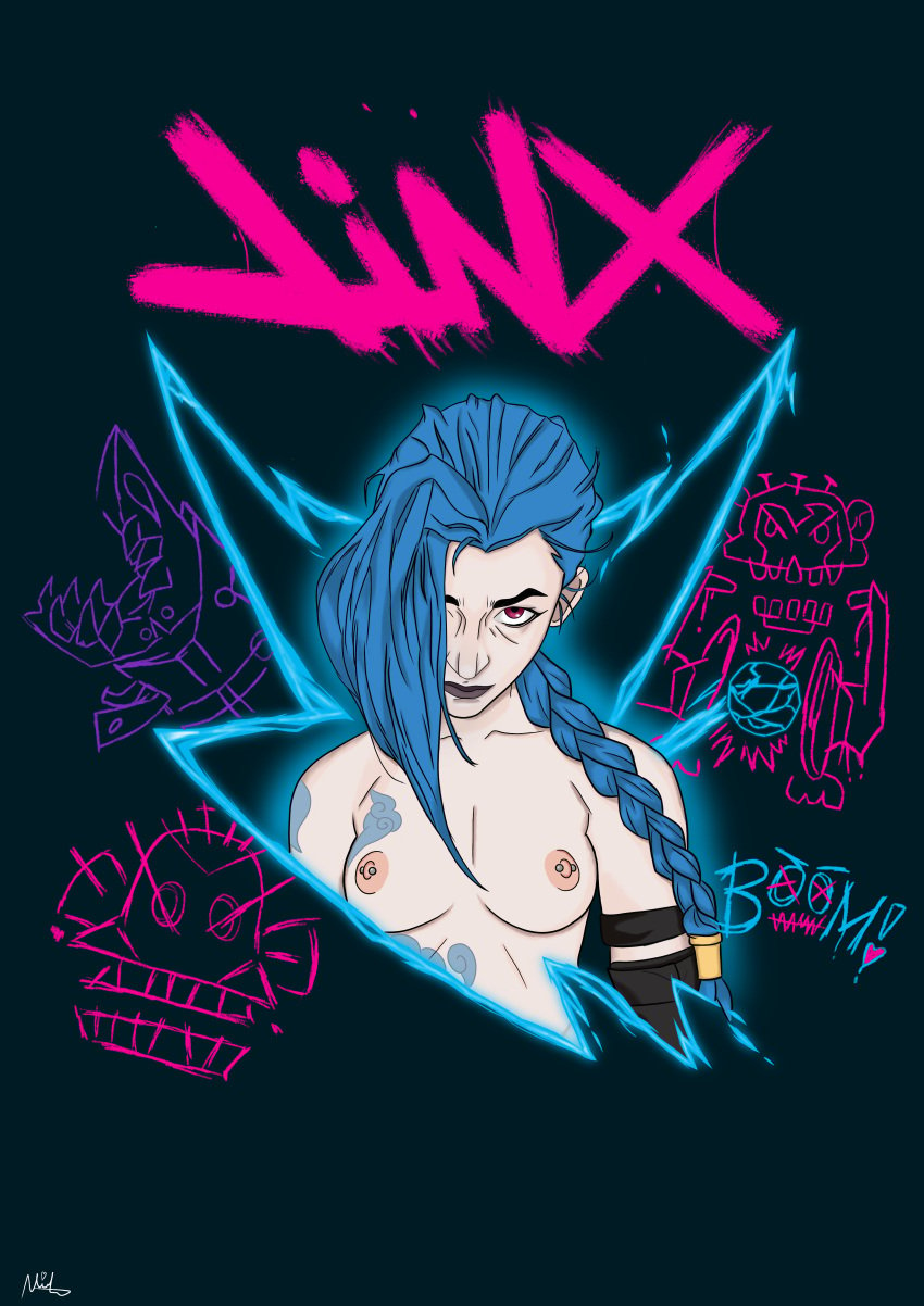 1girls arcane arcane_jinx arm_gloves arm_tattoo blue_hair braided_hair breasts breasts_out casual exposed_breasts jinx_(league_of_legends) league_of_legends long_hair netflix nipple_piercing nipples pale pale_skin partially_clothed pierced_nipples piercing purple_eyes slim_girl small_breasts tattoo topless