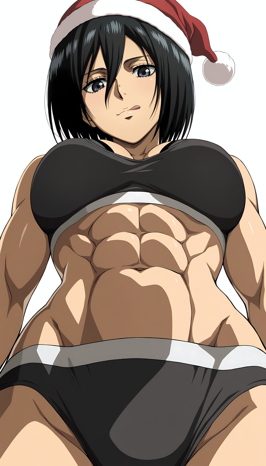 1girls abs adonis_belt ai_generated asian asian_female athletic_female attack_on_titan chiseled_abs chiseled_body christmas christmas_hat female female_abs fit_female gym_clothes iazirra mikasa_ackerman muscular_abs muscular_female solo solo_female workout_clothes