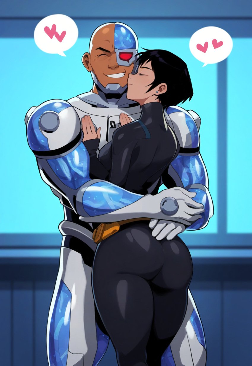 ai_assisted ai_generated batman_(series) big_ass big_smile cassandra_cain closed_eyes cyborg_(dc) dc_comics hugging requested_art self_upload selvokaz smiling smiling_at_viewer spoken_heart teen_titans